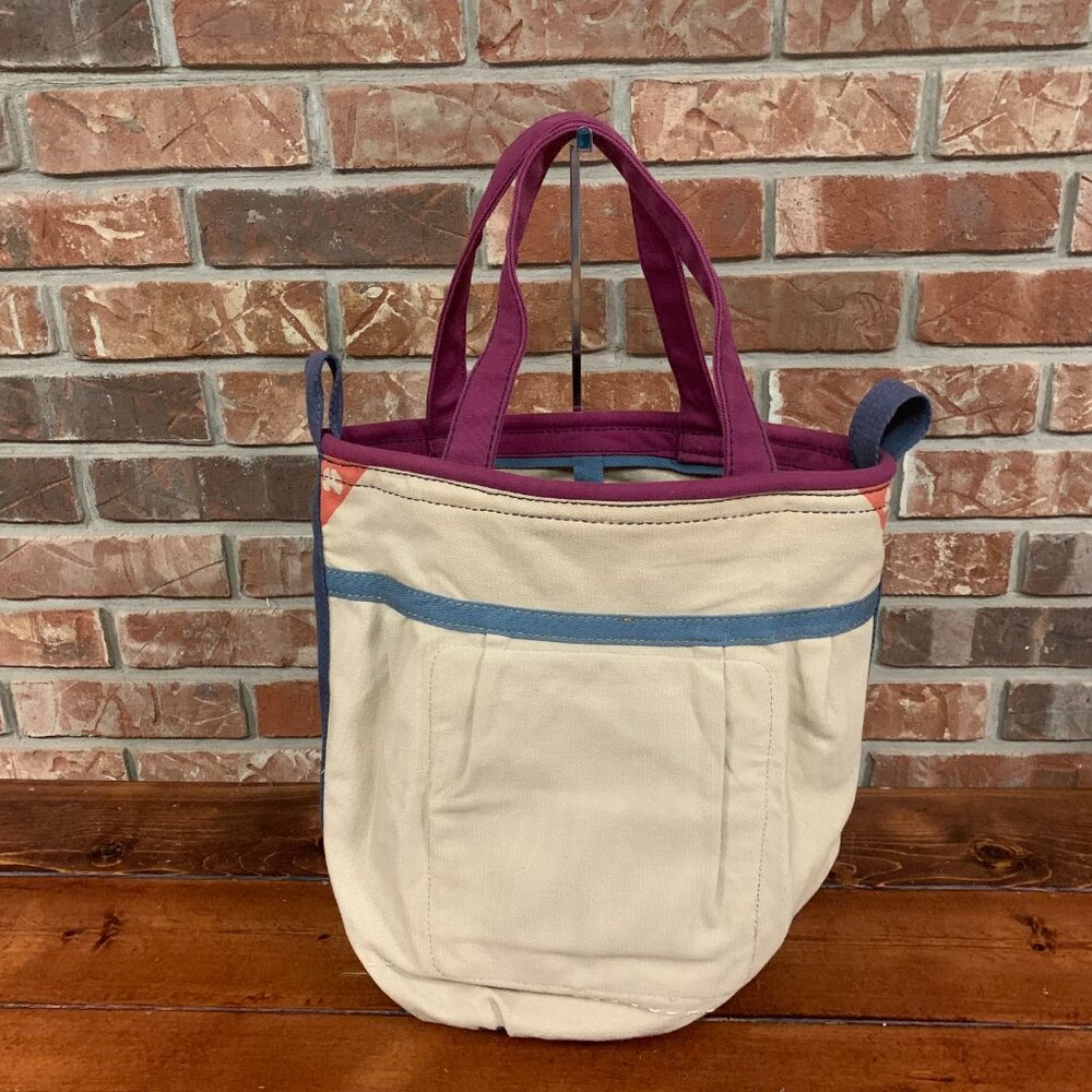 Lucky Brand Dungarees Large Cream Blue Women's Canvas Tote Bucket Bag GUC - Picture 2 of 11